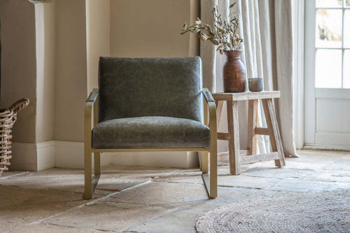 Adra Leather & Brass Occasional Chair - Moss Green
