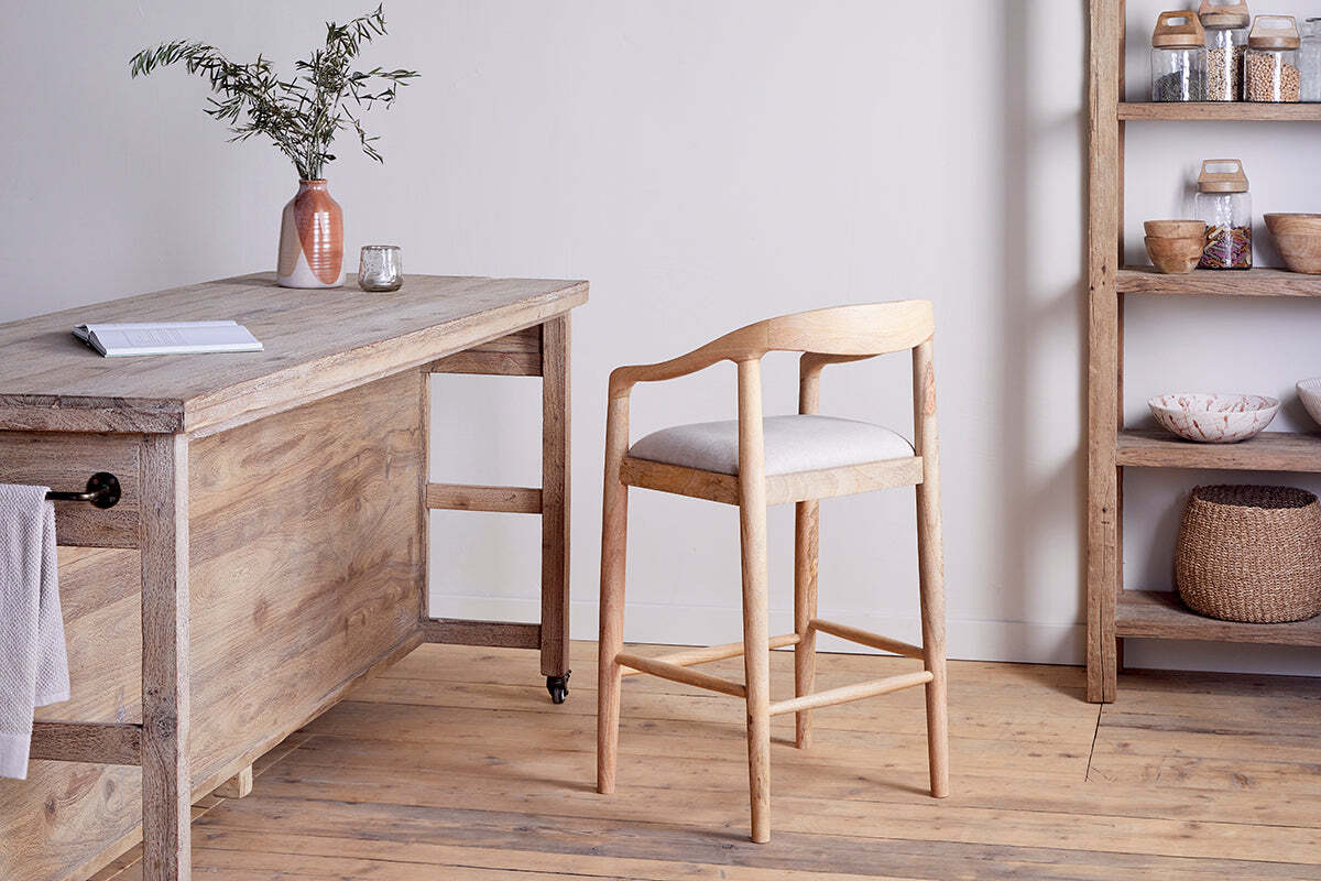 Anbu Mango Wood Upholstered Counter Chair - Natural