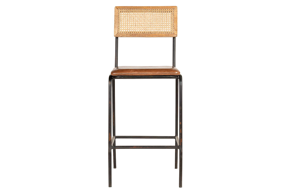 Iswa Leather & Cane Counter Chair - Aged Tan