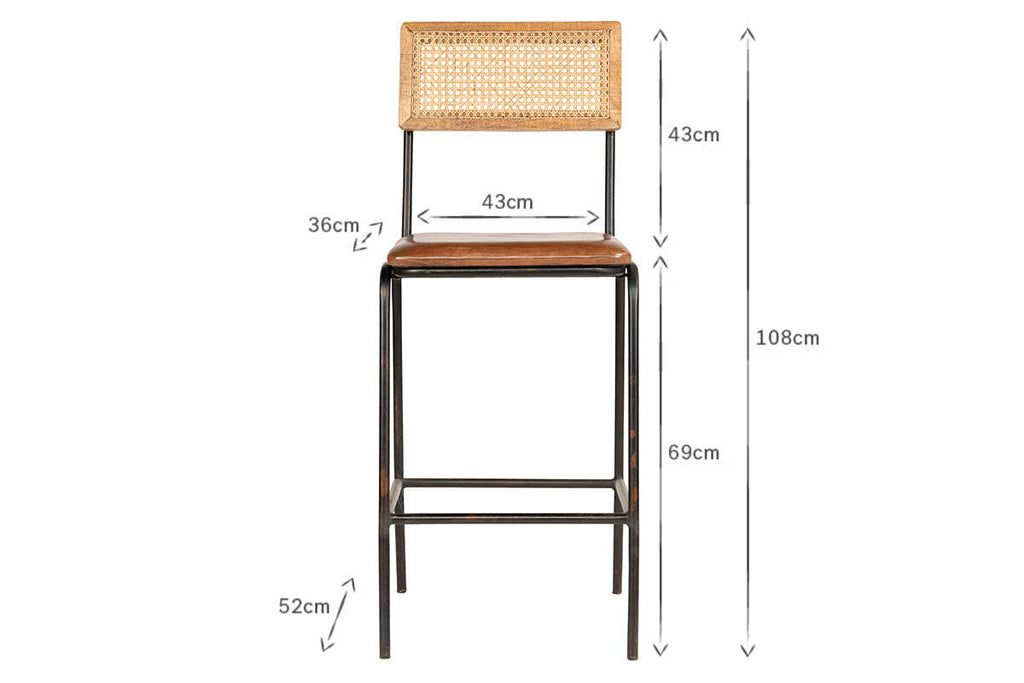 Iswa Leather & Cane Counter Chair - Aged Tan