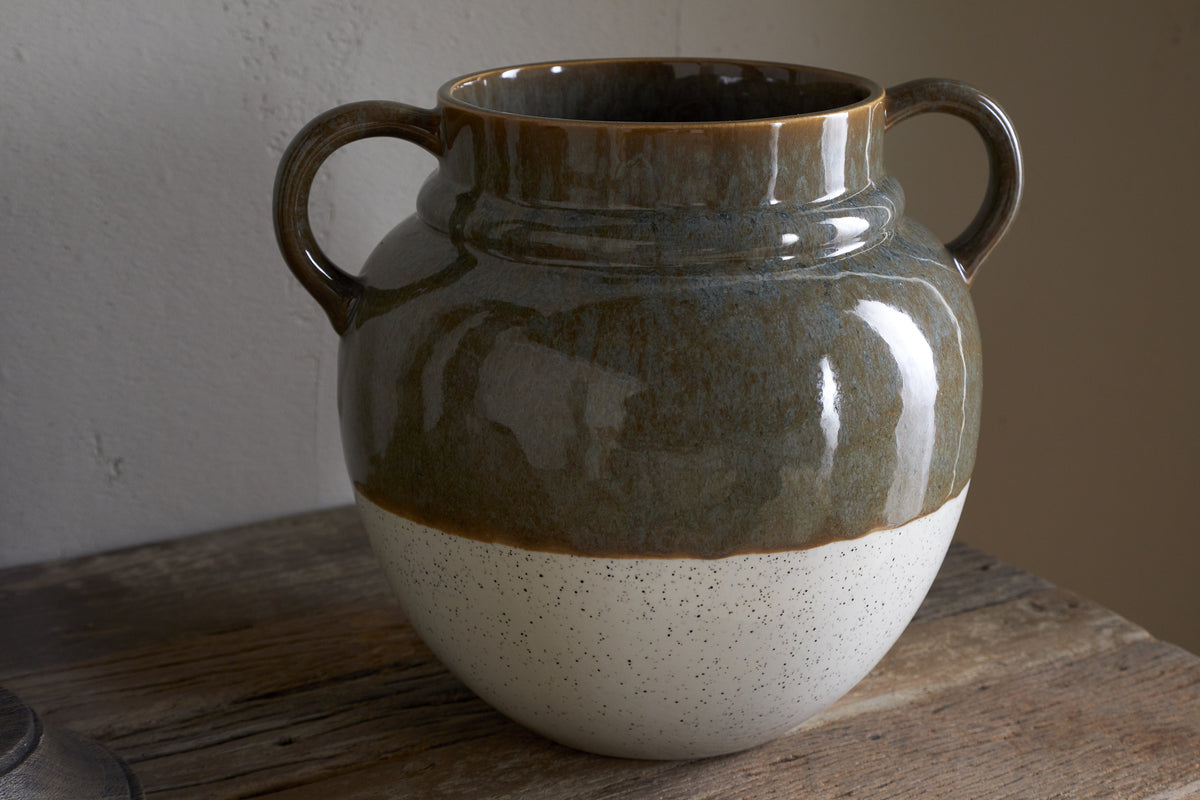 Inha Reactive Glaze Vase - Dark Olive & Natural