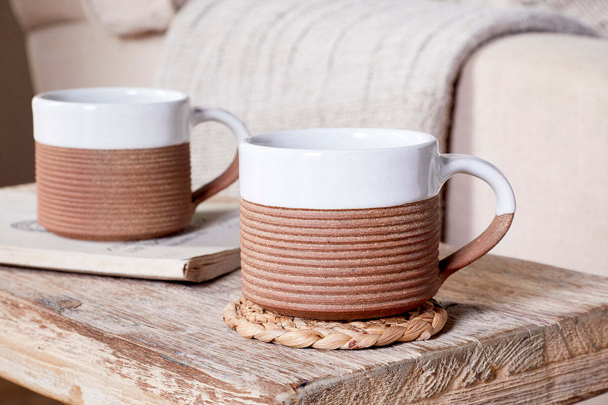 Mali Ribbed Coffee Mug - White - (Set of 2)