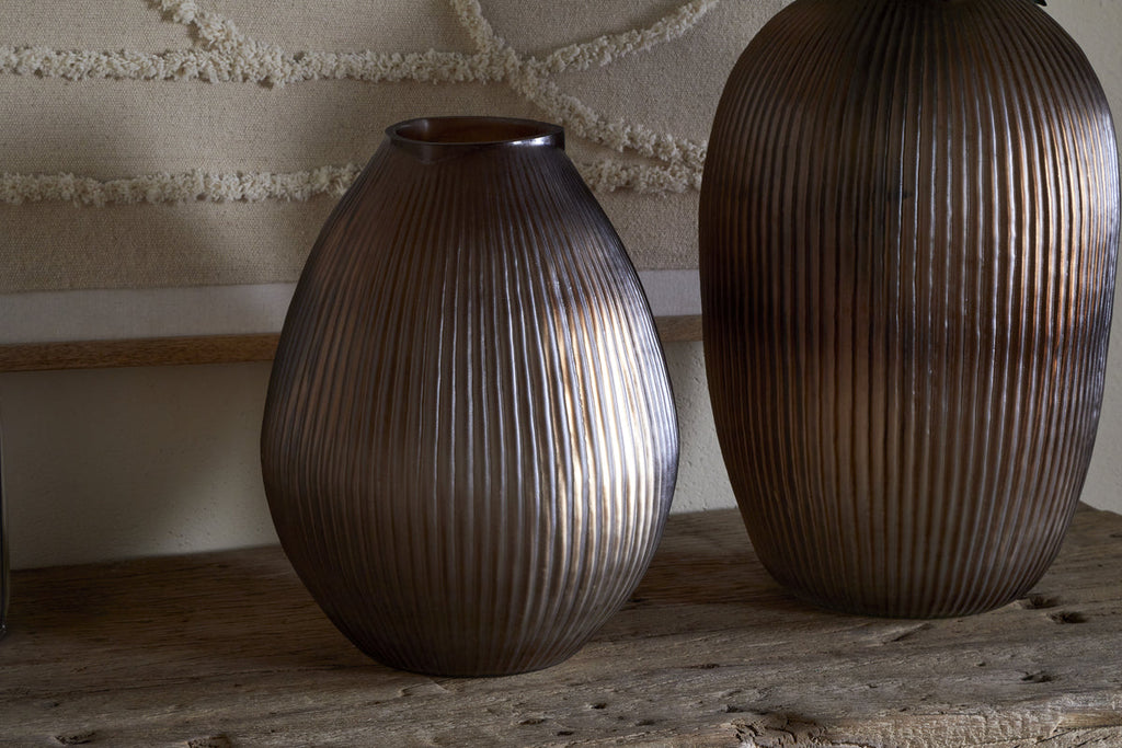 Linsy Ribbed Glass Vase - Smoke Brown