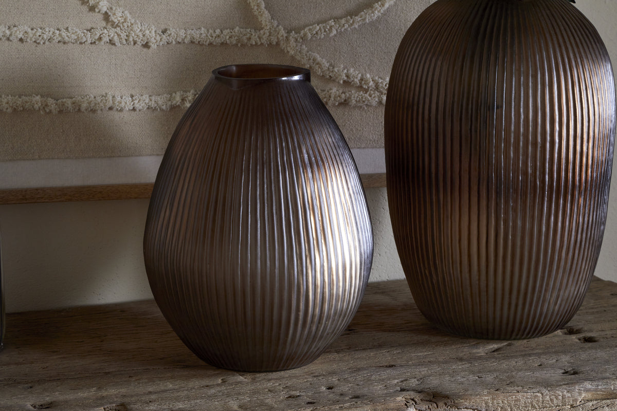 Linsy Ribbed Glass Vase - Smoke Brown