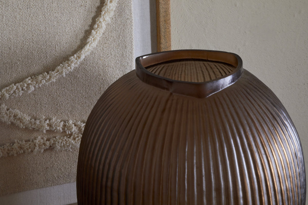 Linsy Ribbed Glass Vase - Smoke Brown