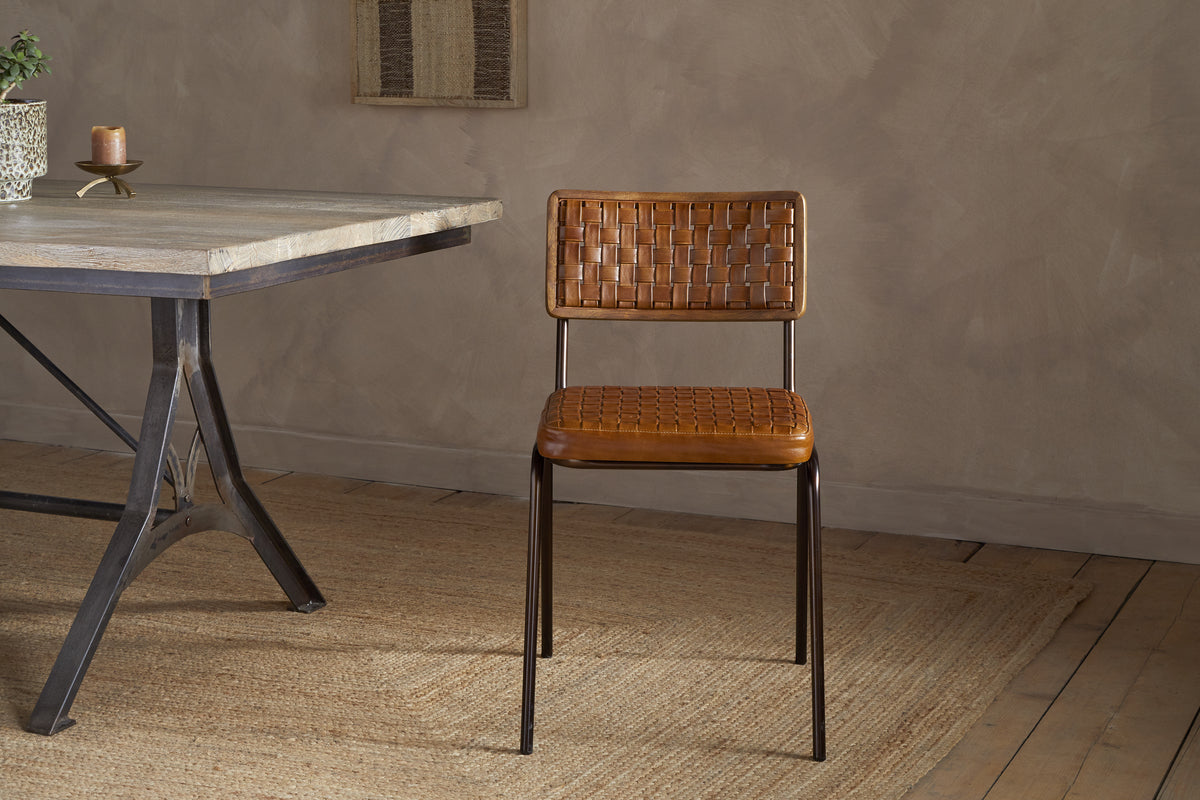 Amala Leather Weave & Iron Dining Chair - Aged Tan