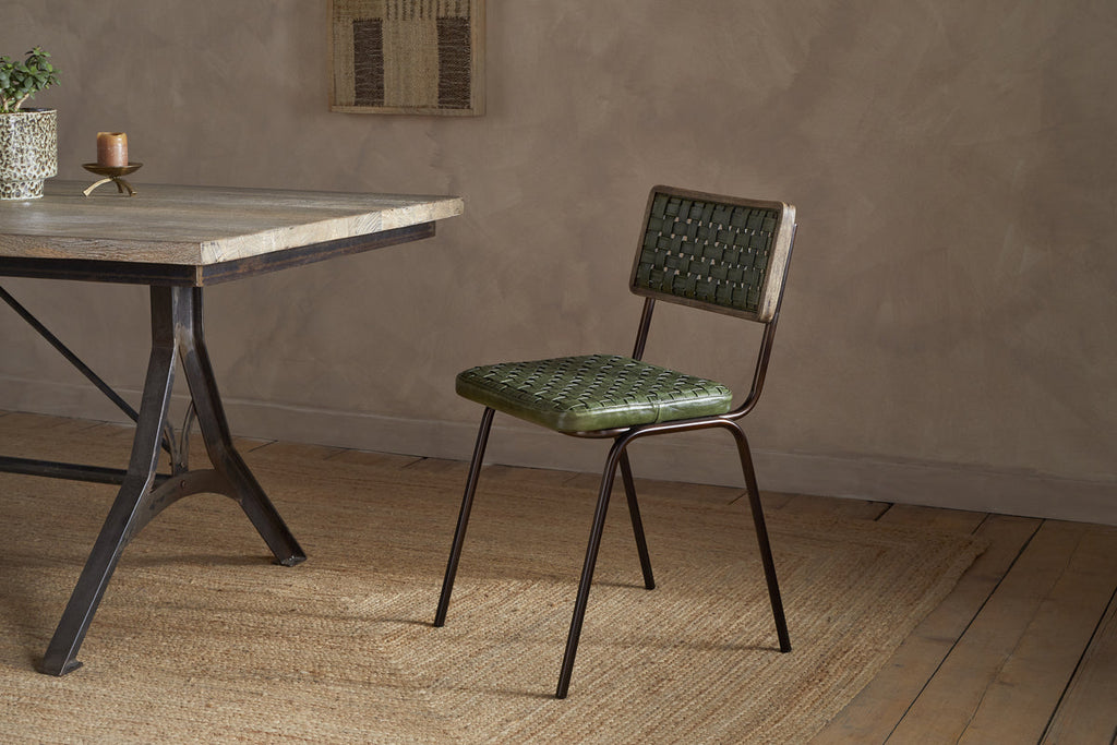 Amala Leather Weave & Iron Dining Chair - Rich Green