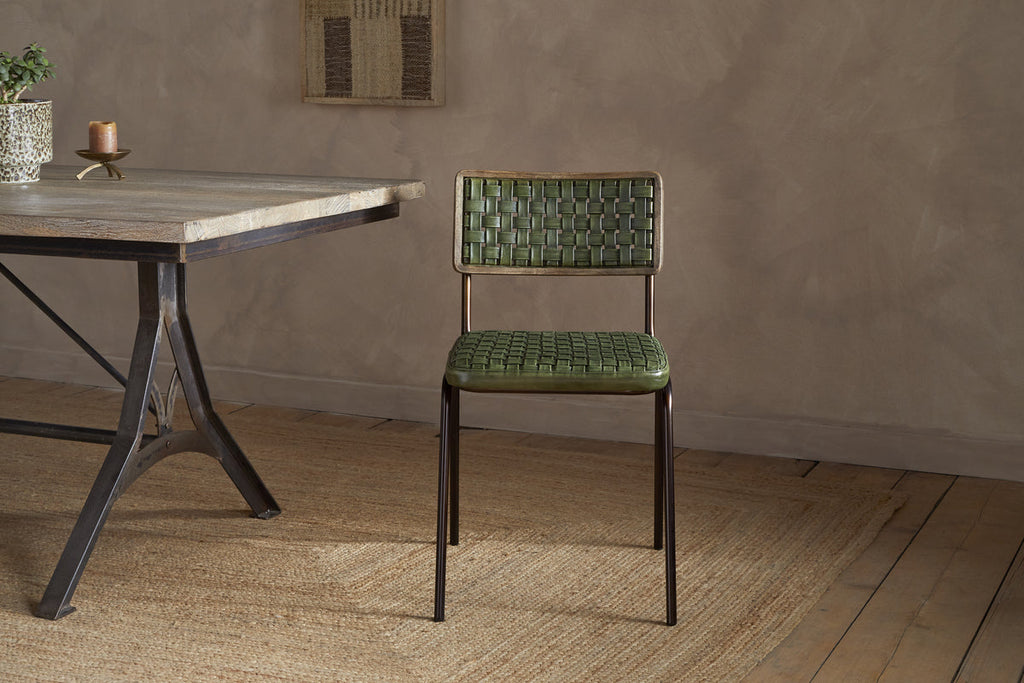 Amala Leather Weave & Iron Dining Chair - Rich Green