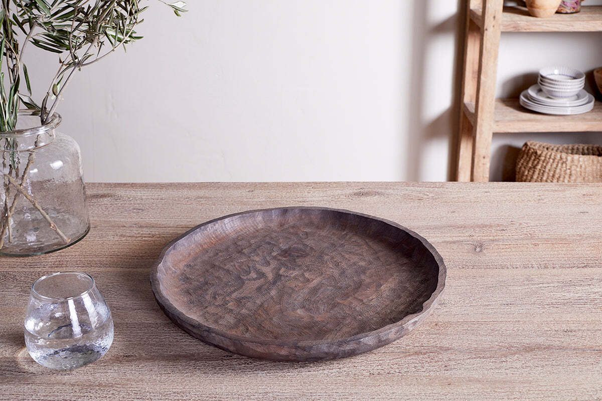Nyati Mango Wood Etched Round Tray - Dark Brown