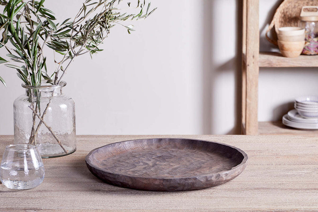 Nyati Mango Wood Etched Round Tray - Dark Brown