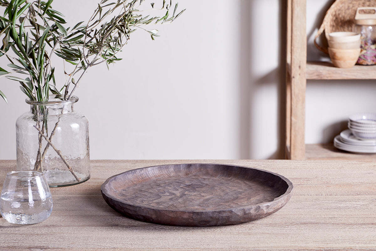 Nyati Mango Wood Etched Round Tray - Dark Brown