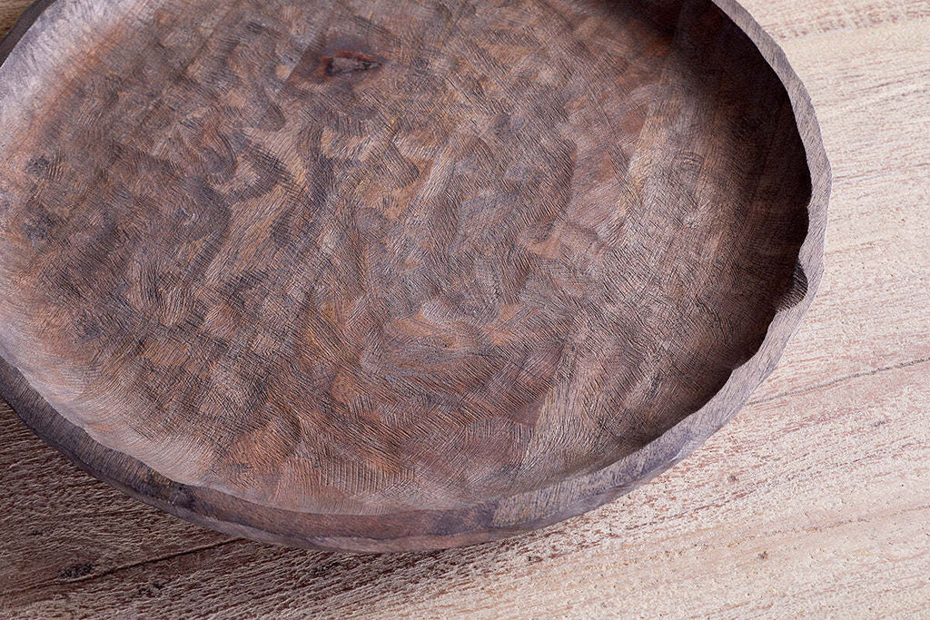 Nyati Mango Wood Etched Round Tray - Dark Brown