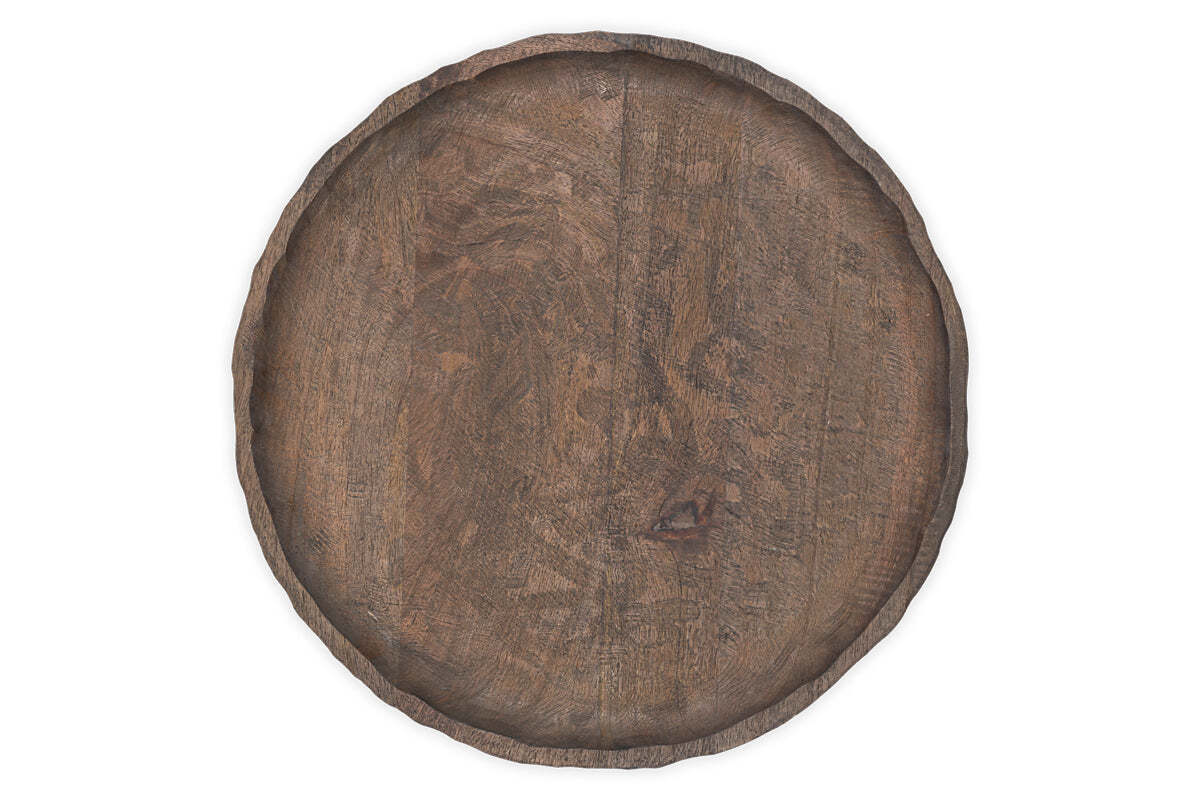 Nyati Mango Wood Etched Round Tray - Dark Brown