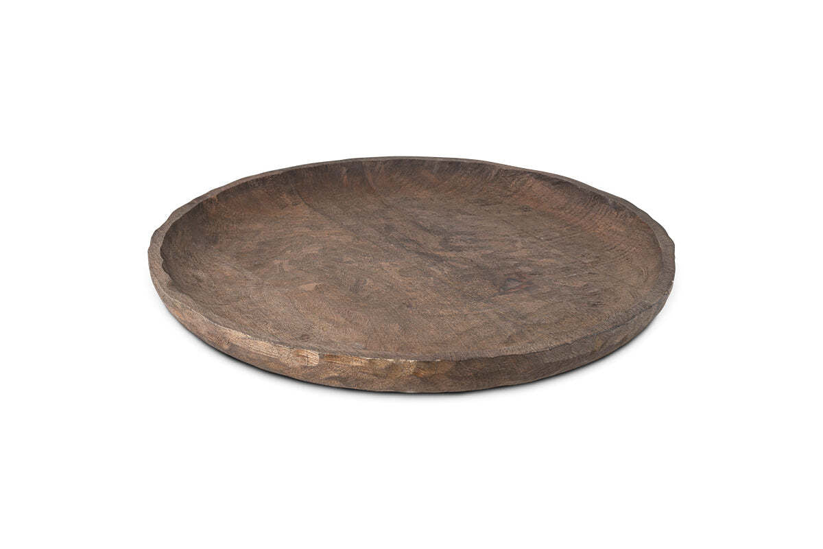 Nyati Mango Wood Etched Round Tray - Dark Brown