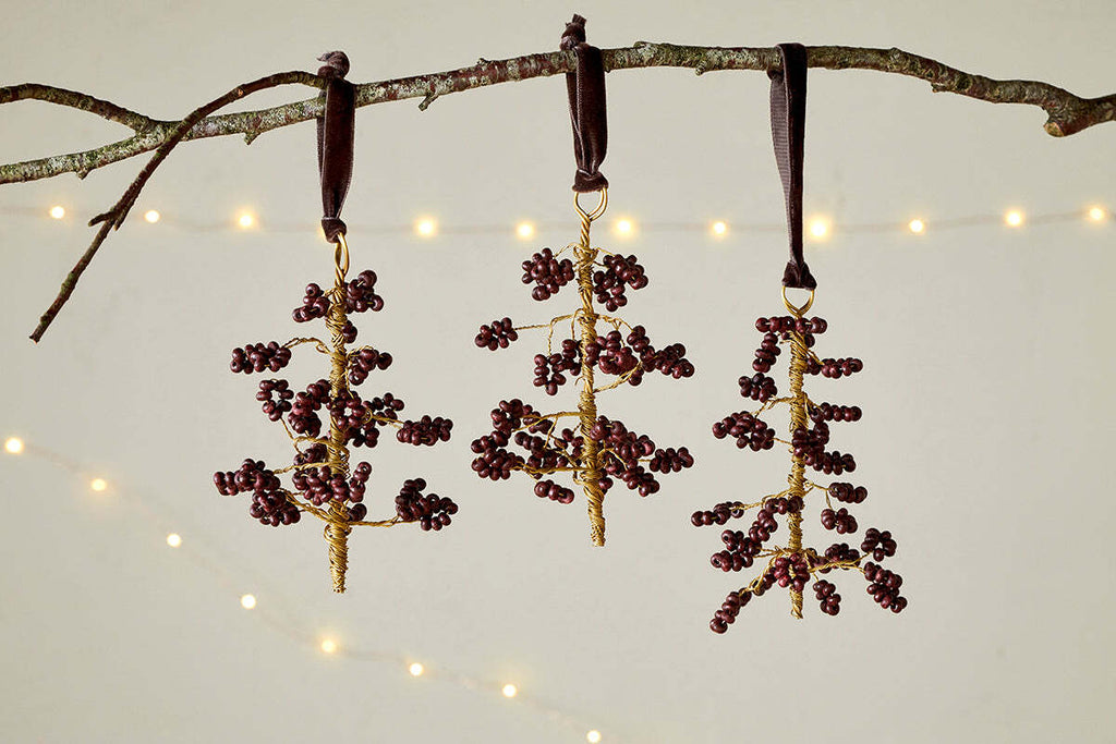Tanu Mango Wood Beaded Baubles - Brass & Ruby (Set of 3)