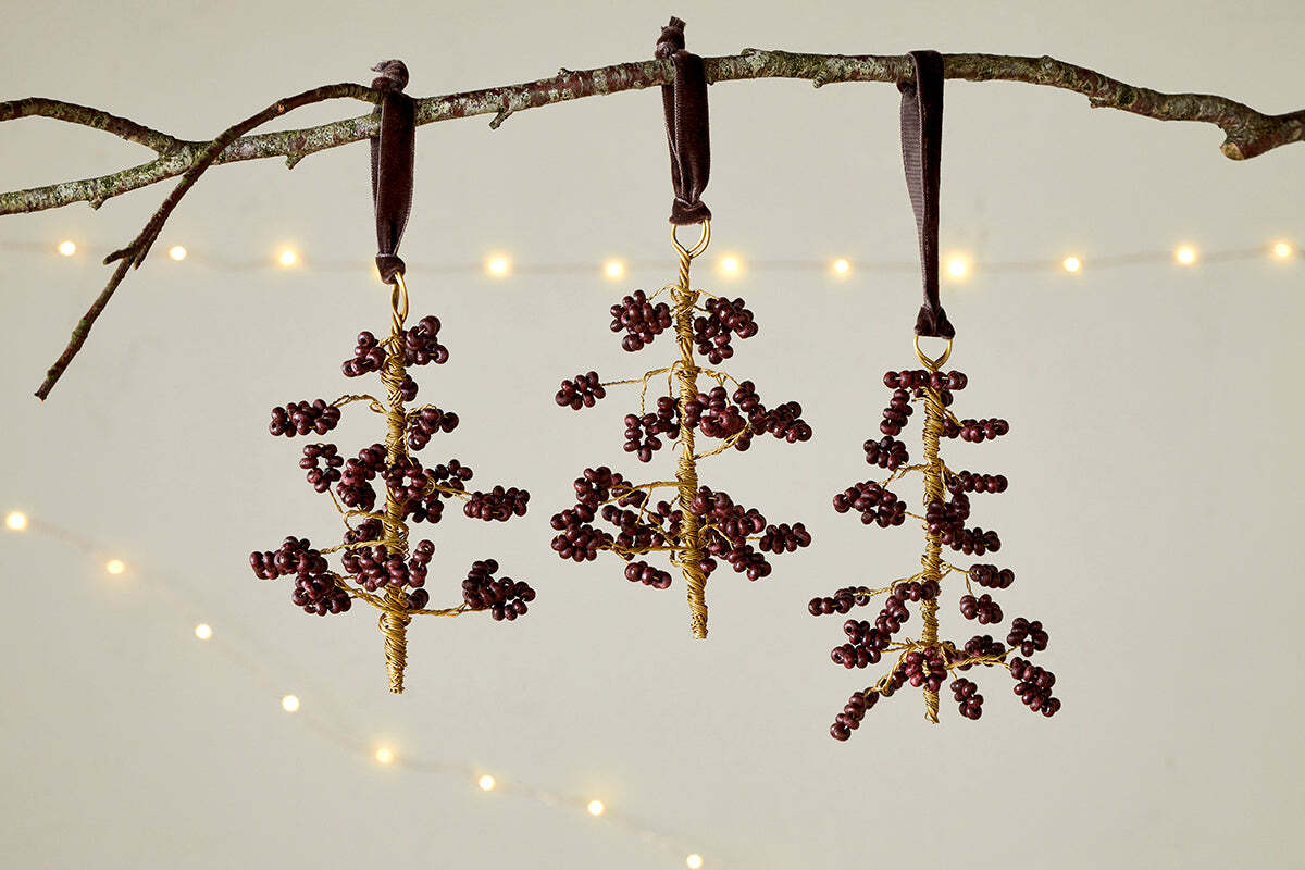 Tanu Mango Wood Beaded Baubles - Brass & Ruby (Set of 3)
