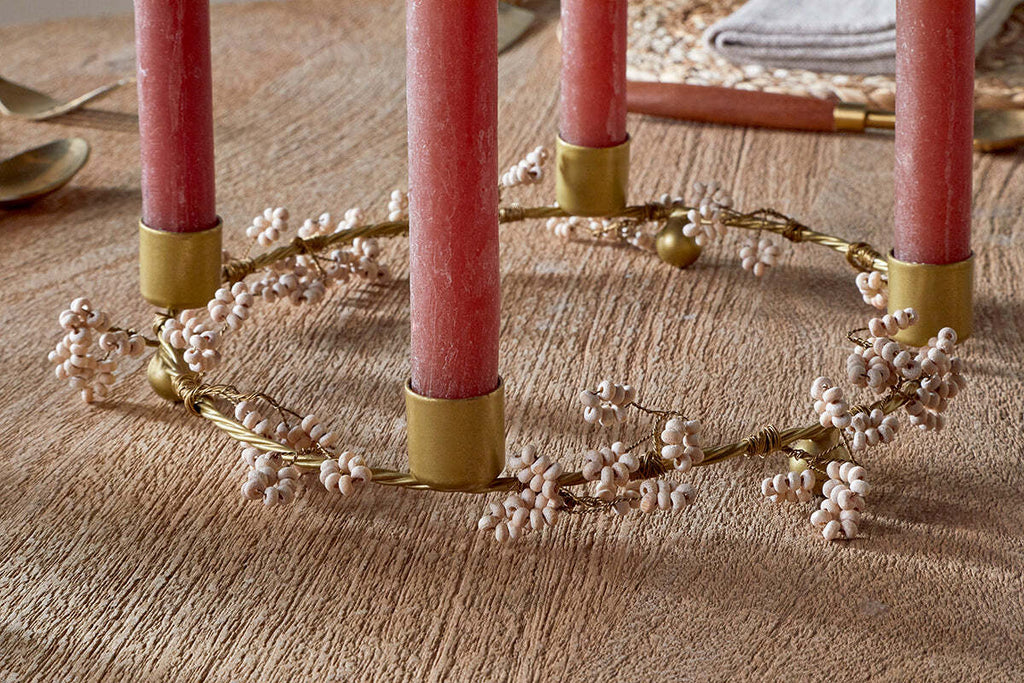 Tanu Mango Wood Beaded Candle Holder - Brass & Natural